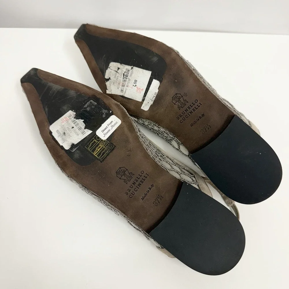 Brunello Cucinelli Monili Mesh Slingbacks Flats Shoes Taupe Suede 37 1/2 7.5 B